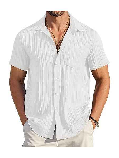 Men's Short Sleeve Textured Ribbed Button-Up Shirt White