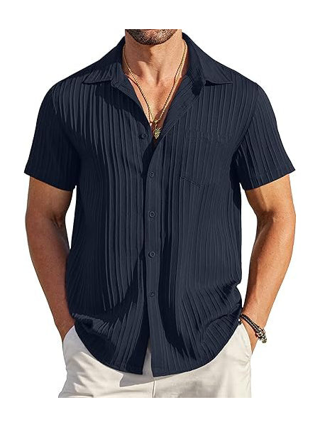 Men's Short Sleeve Textured Ribbed Button-Up Shirt Navy Blue