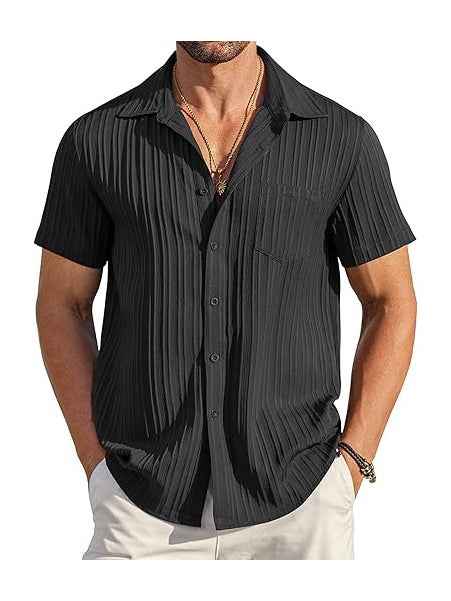 Men's Short Sleeve Textured Ribbed Button-Up Shirt Black