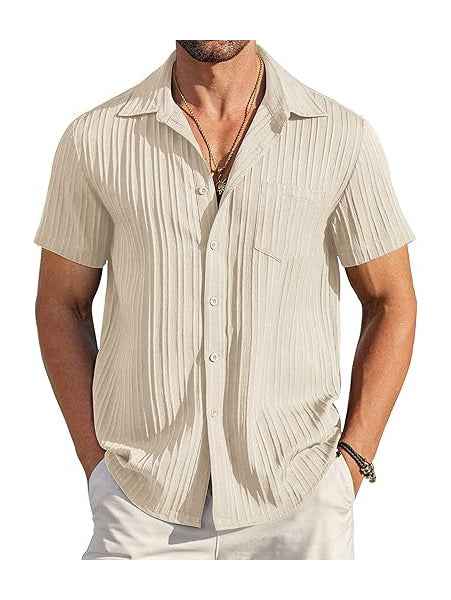 Men's Short Sleeve Textured Ribbed Button-Up Shirt Beige