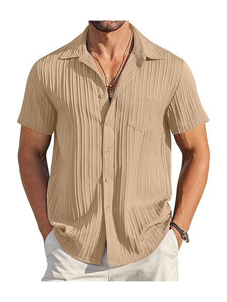 Men's Short Sleeve Textured Ribbed Button-Up Shirt Khaki