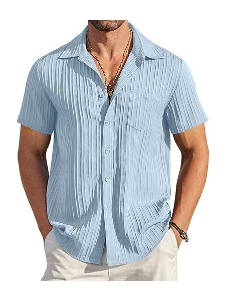 Men's Short Sleeve Textured Ribbed Button-Up Shirt Light Blue