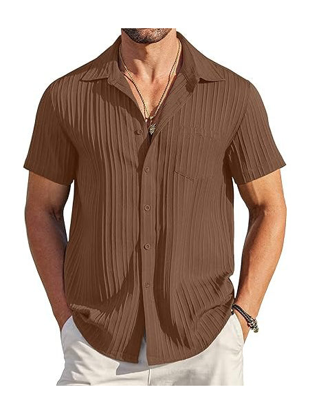 Men's Short Sleeve Textured Ribbed Button-Up Shirt Brown
