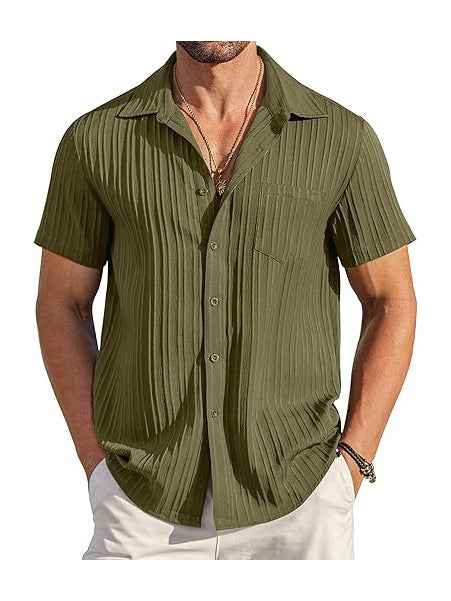 Men's Short Sleeve Textured Ribbed Button-Up Shirt Army Green