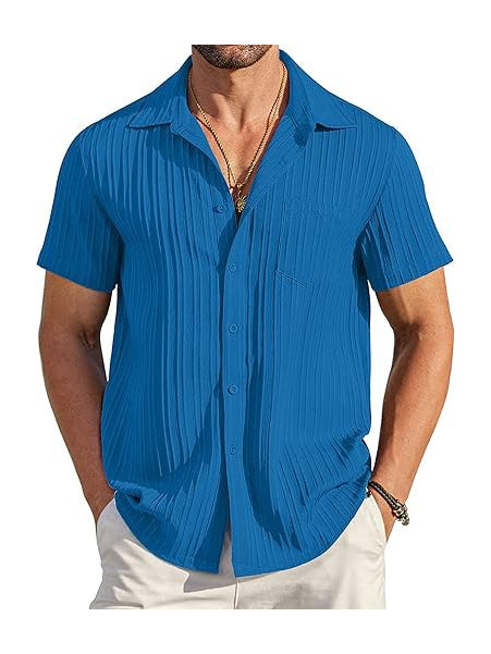 Men's Short Sleeve Textured Ribbed Button-Up Shirt Blue