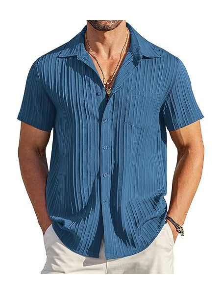 Men's Short Sleeve Textured Ribbed Button-Up Shirt Dark Blue