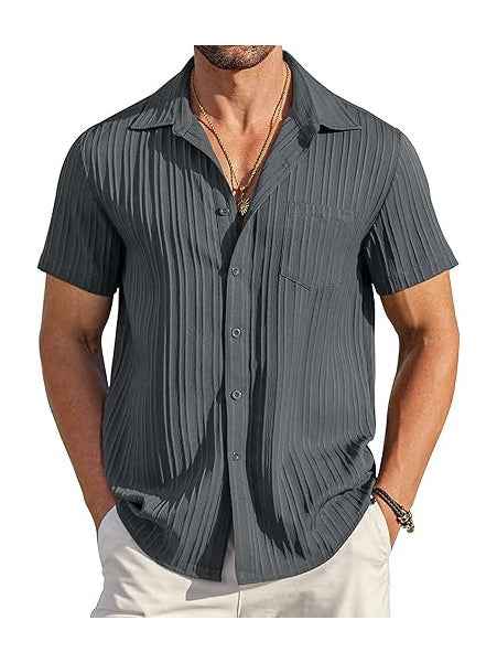 Men's Short Sleeve Textured Ribbed Button-Up Shirt Dark Gray