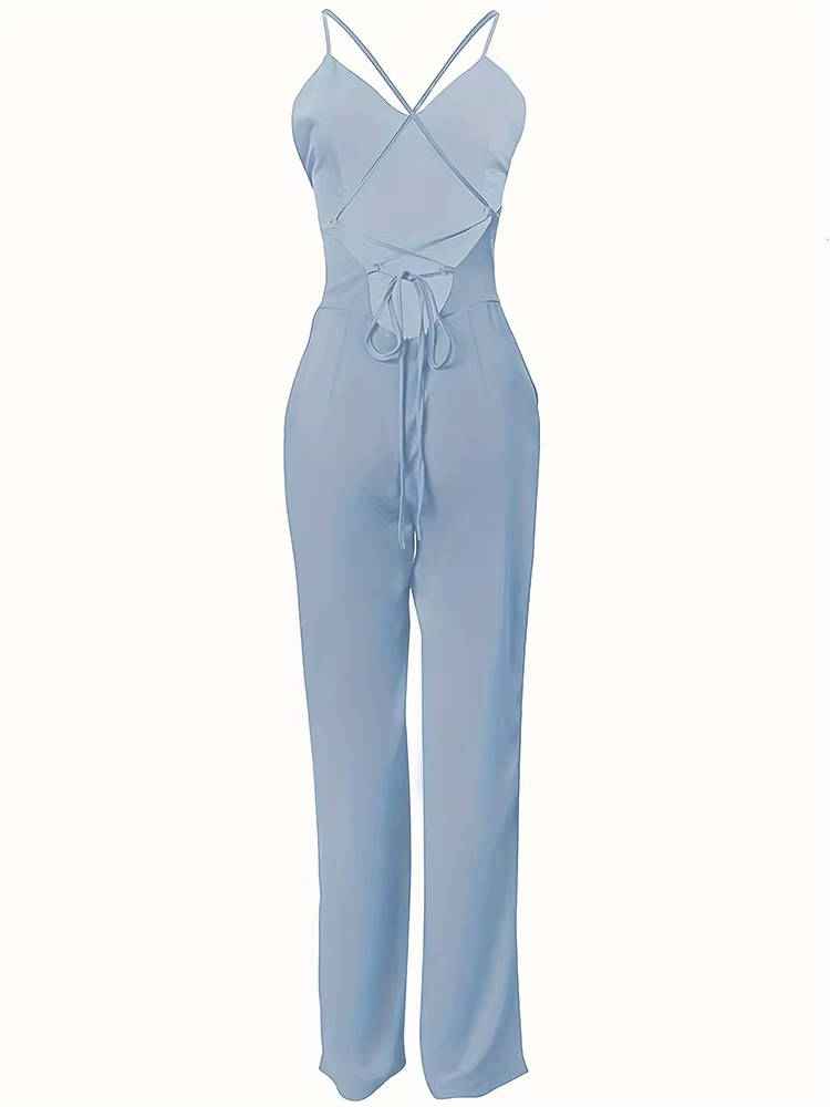 Women's Solid Criss Cross Backless Sleeveless Cami Jumpsuit