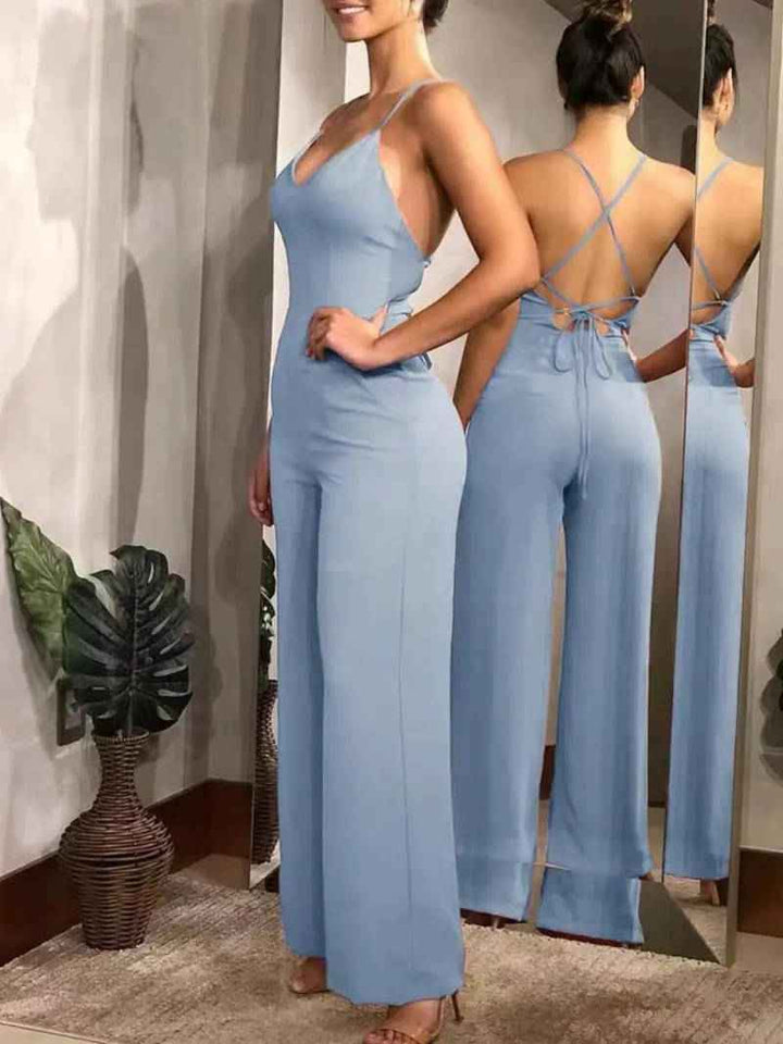 Women's Solid Criss Cross Backless Sleeveless Cami Jumpsuit