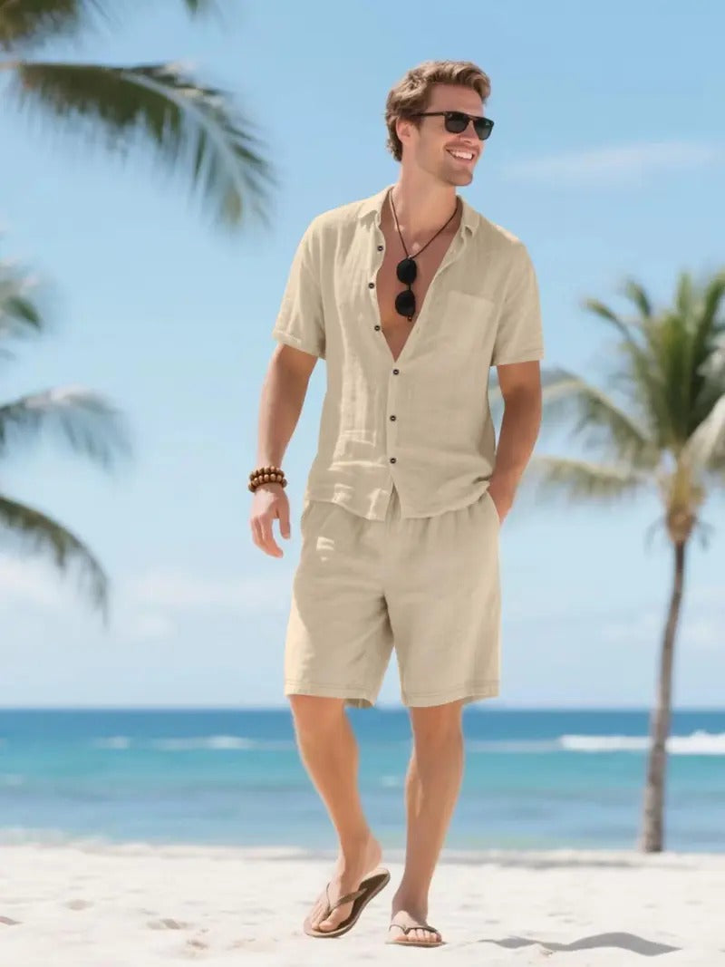 Men's Linen Short Sleeve Button Down Shirt and Shorts Set, Summer Khaki