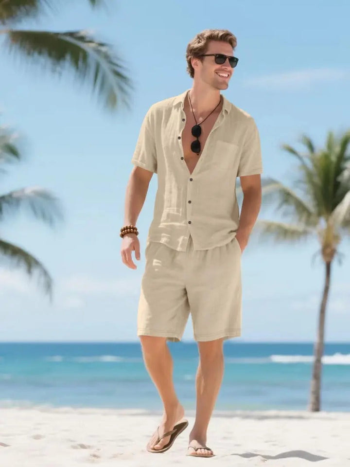 Men's Linen Short Sleeve Button Down Shirt and Shorts Set, Summer Khaki