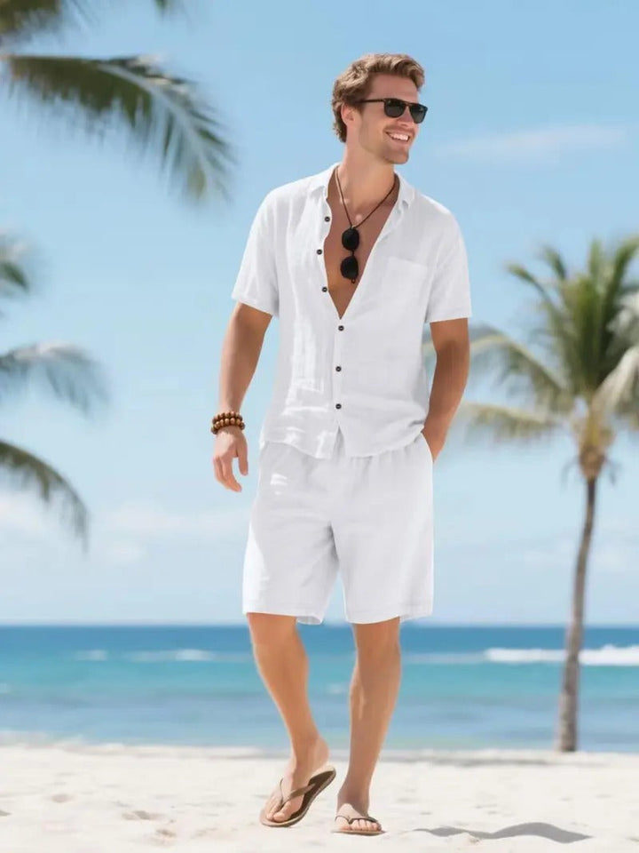 Men's Linen Short Sleeve Button Down Shirt and Shorts Set, Summer White