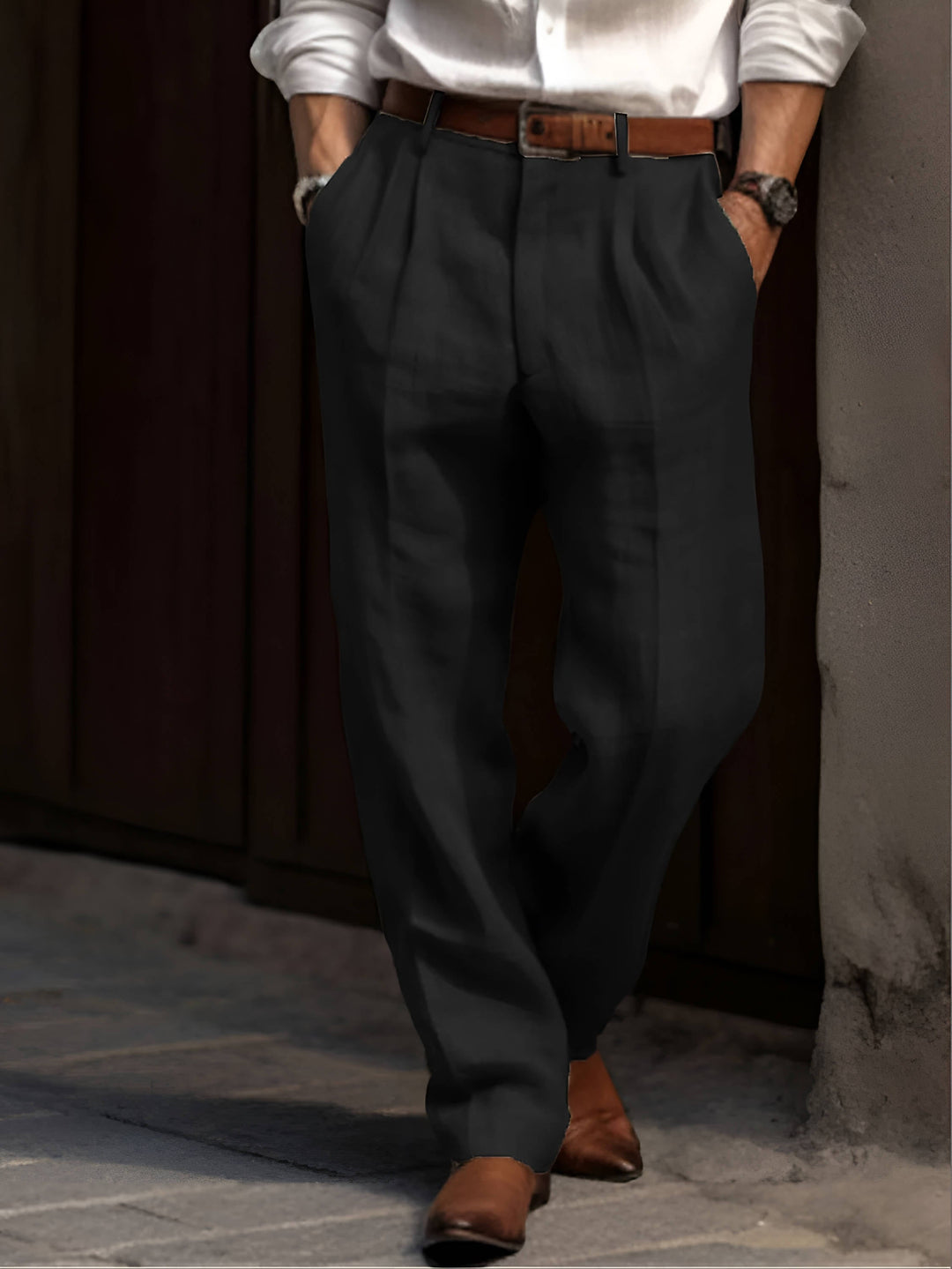 Men's Elastic Waist Pleated Cotton Linen Pants with Reinforced Seams Black