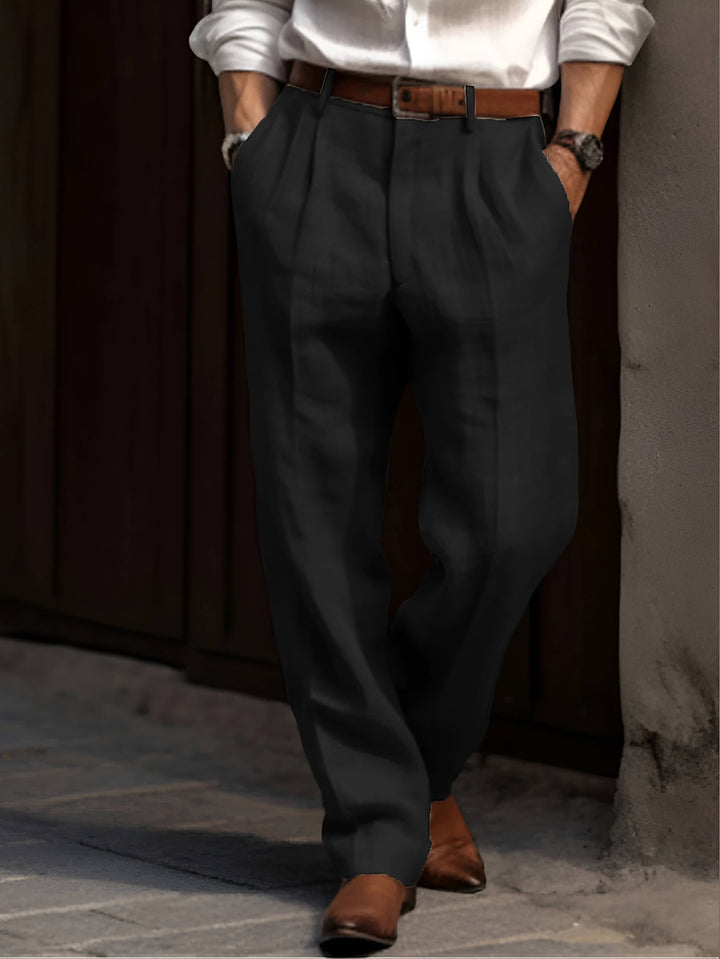 Men's Elastic Waist Pleated Cotton Linen Pants with Reinforced Seams Black