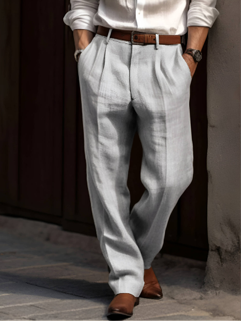 Men's Elastic Waist Pleated Cotton Linen Pants with Reinforced Seams Gray