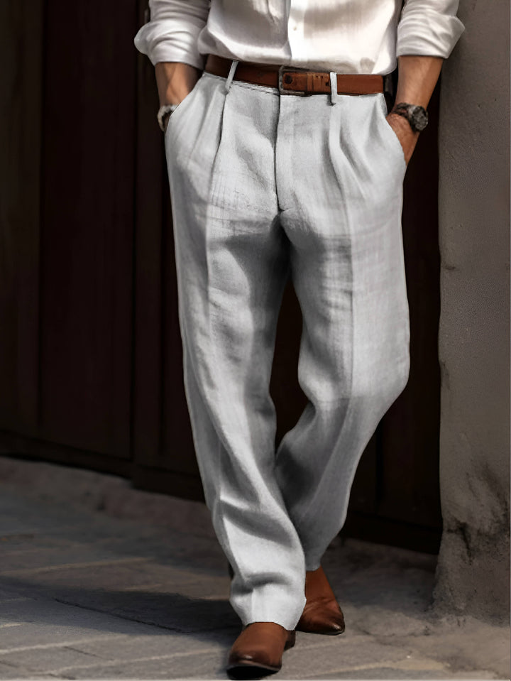Men's Elastic Waist Pleated Cotton Linen Pants with Reinforced Seams Gray