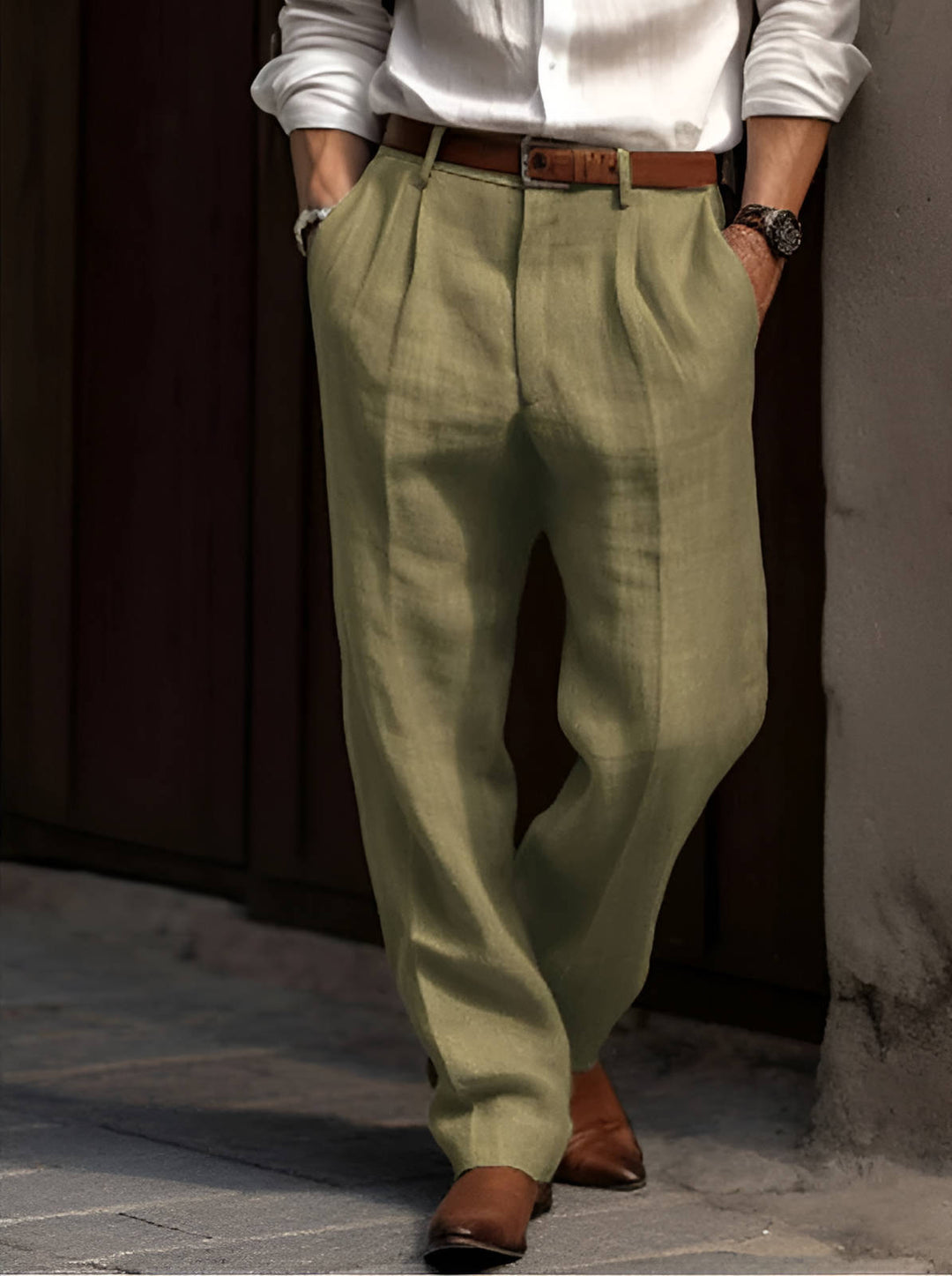 Men's Elastic Waist Pleated Cotton Linen Pants with Reinforced Seams Green
