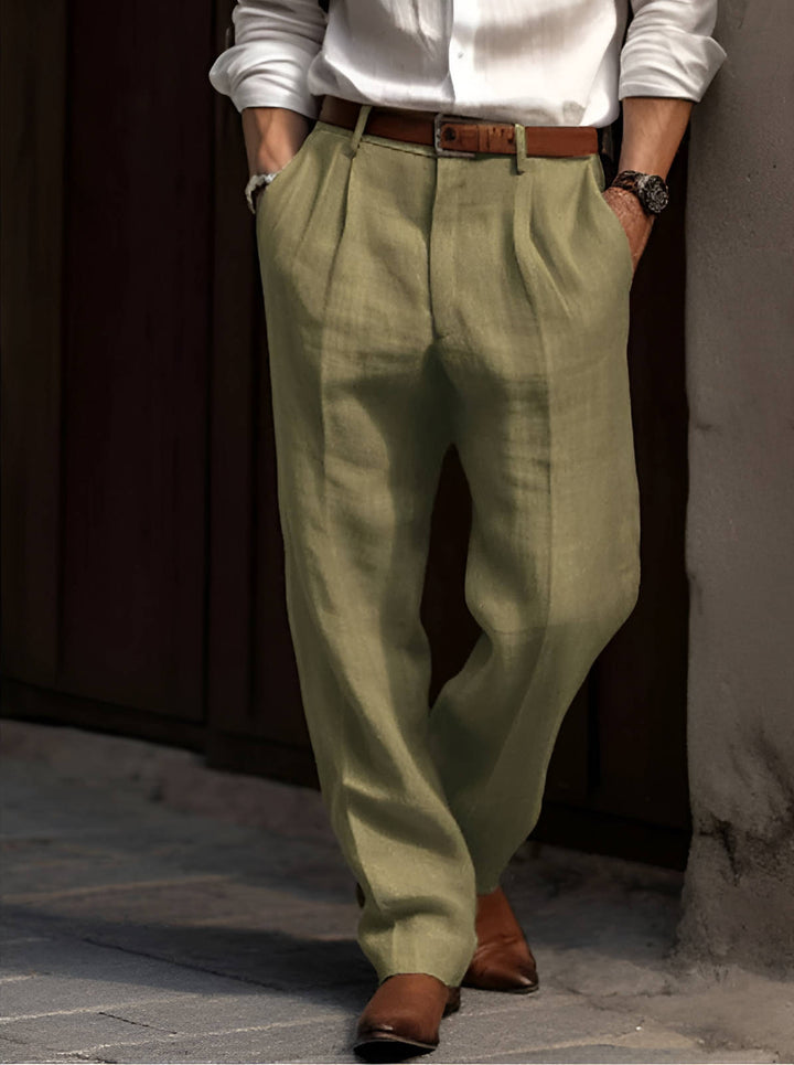 Men's Elastic Waist Pleated Cotton Linen Pants with Reinforced Seams Green