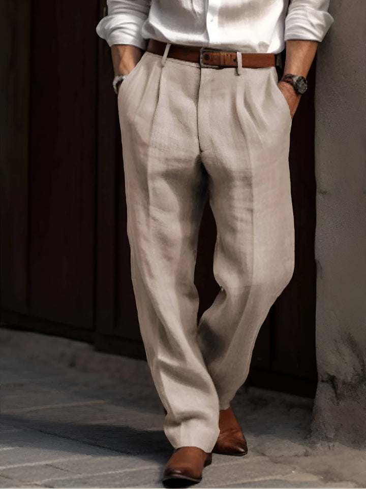 Men's Elastic Waist Pleated Cotton Linen Pants with Reinforced Seams Beige