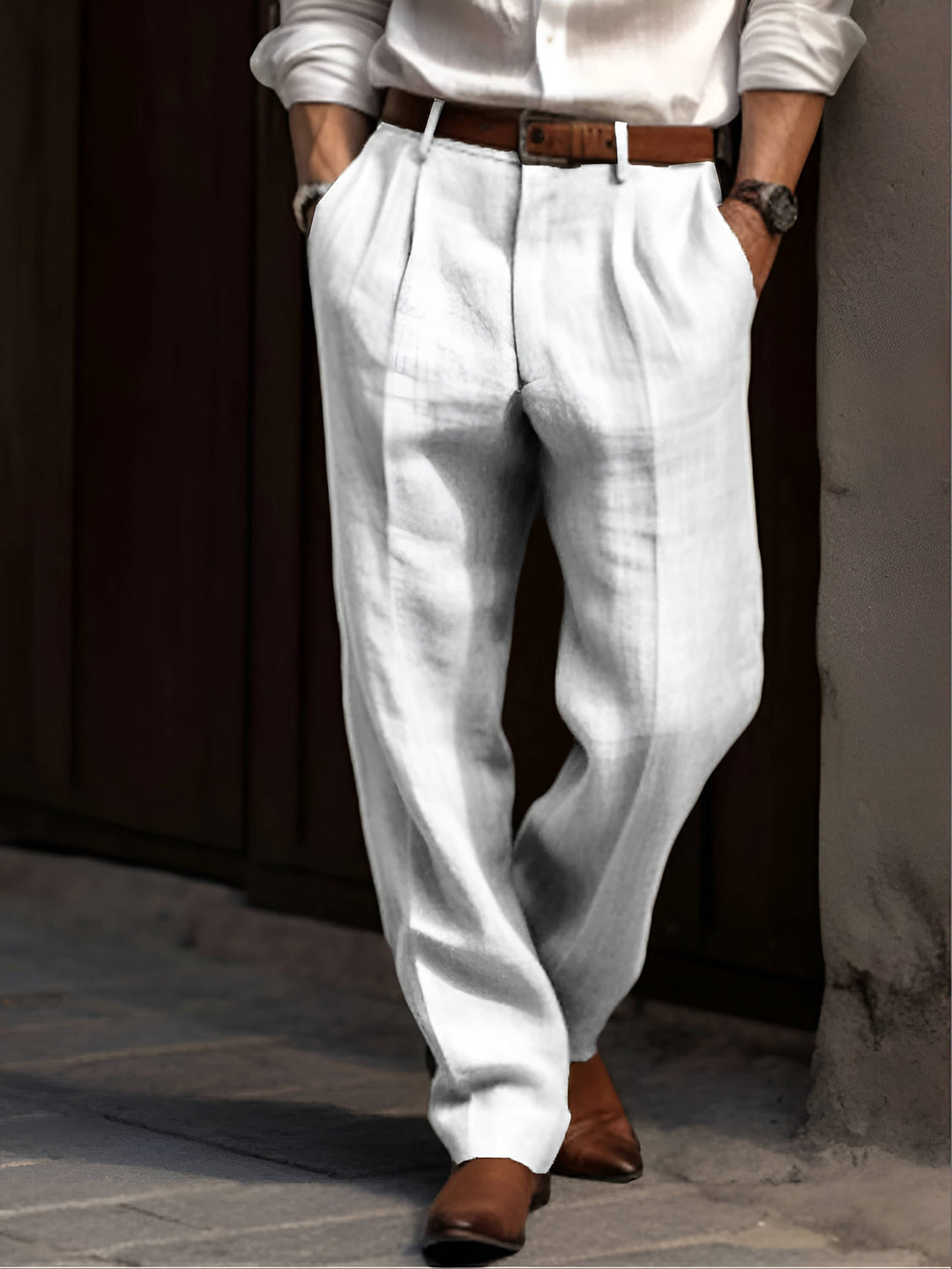 Men's Elastic Waist Pleated Cotton Linen Pants with Reinforced Seams White