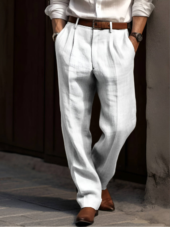 Men's Elastic Waist Pleated Cotton Linen Pants with Reinforced Seams White
