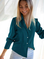 Women's Silky Soft Long Sleeve Blouse – Relaxed Fit with Button Closure and Collar Blue Lake