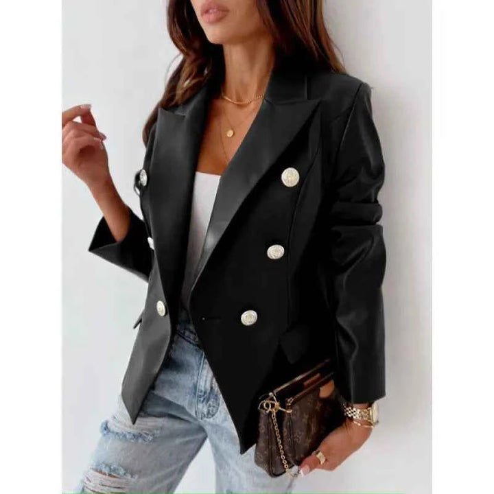 Women's Tailored Faux Leather Blazer – Double-Breasted with Shoulder Padding Black