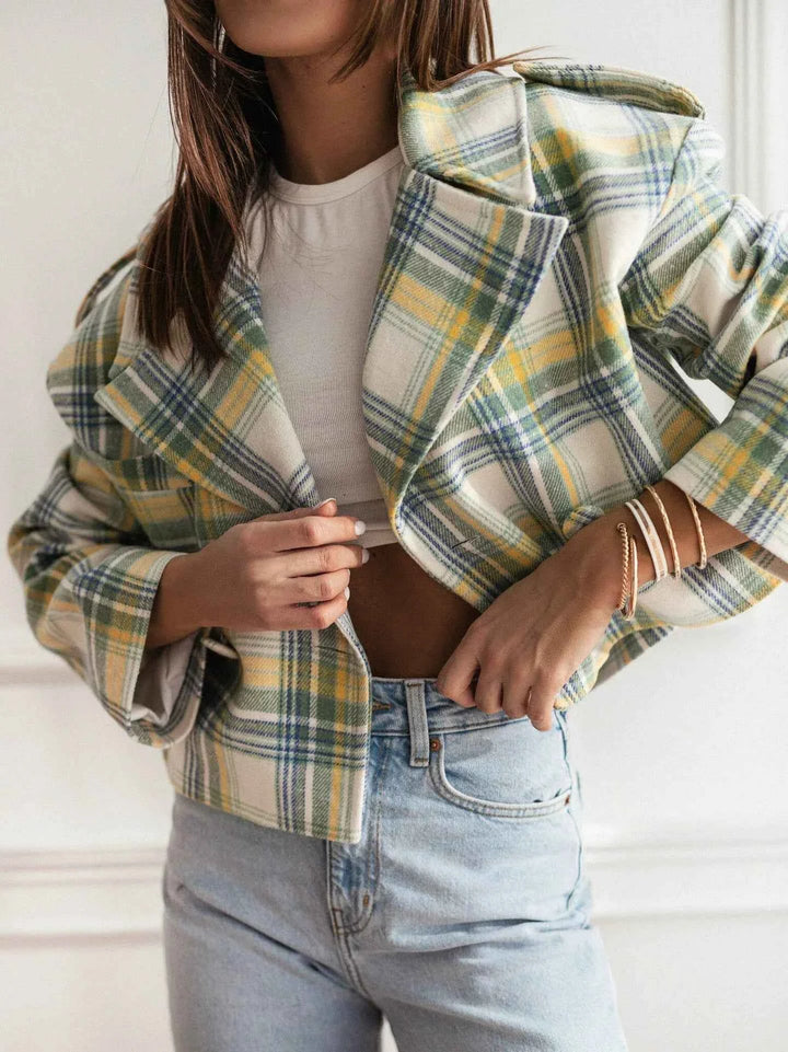 Women's Cropped Check Pattern Blazer – Tailored Fit – Wool Look – Notched Collar Yellow Blue Check