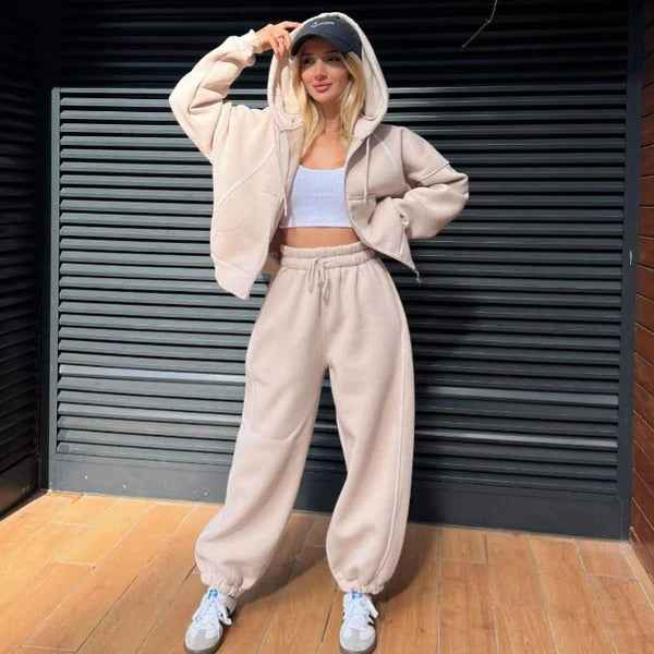 Women's Oversized Hoodie and Tracksuit Set – Cotton Fleece with Drawstring Waist Peach