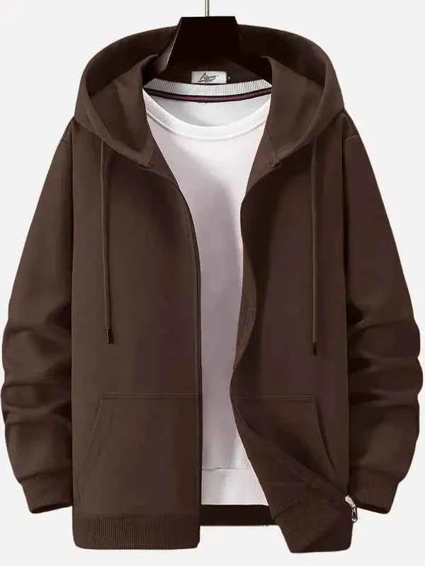 Men's Zipper Hoodie – Relaxed Fit – Cotton Blend – Drawstring Hood – Pockets Brown