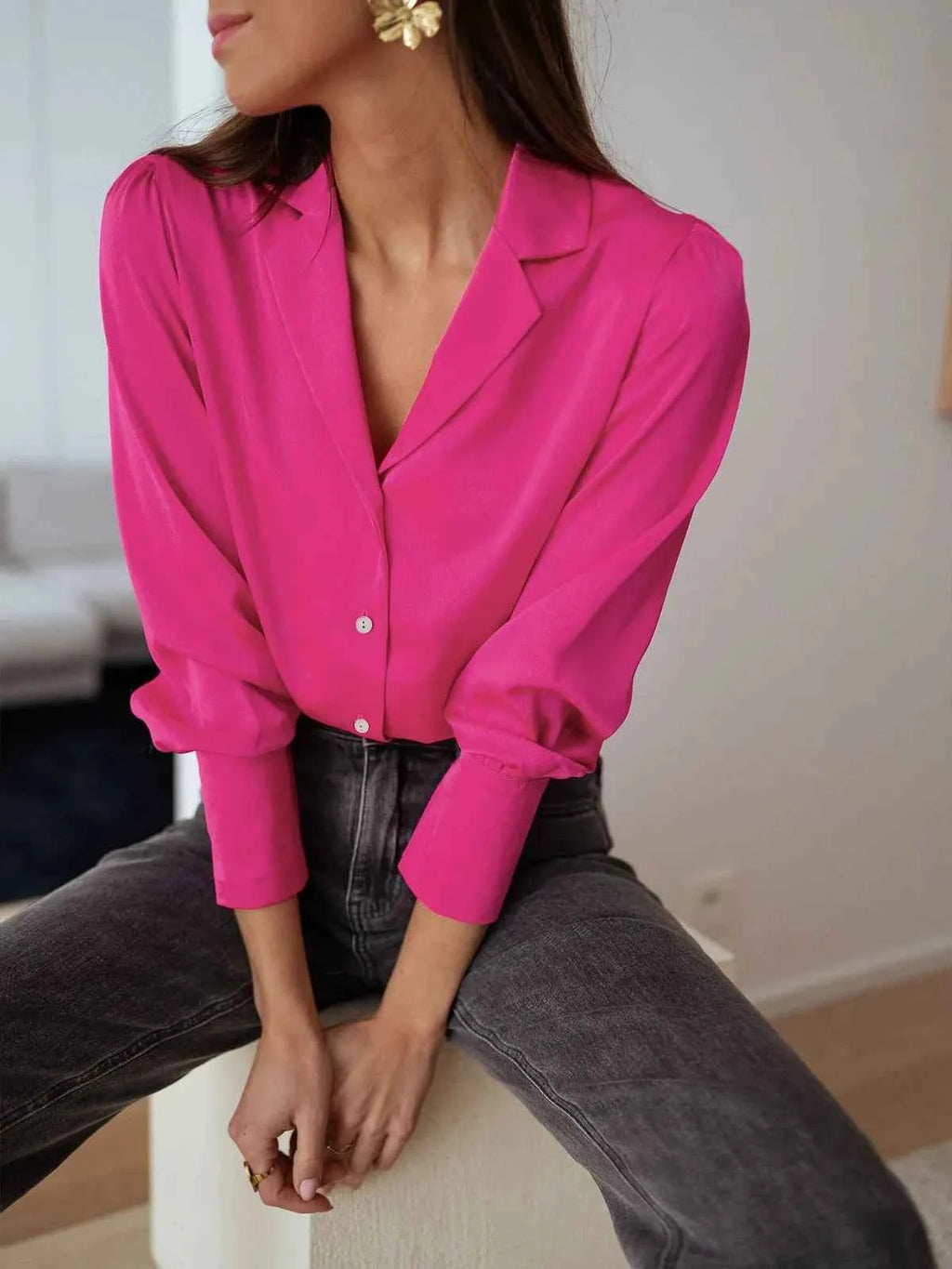 Women's Silky Soft Long Sleeve Blouse – Relaxed Fit with Button Closure and Collar Rose Red