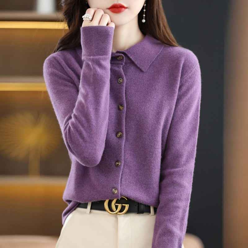 Women's Relaxed Fit Wool Blend Cardigan with Polo Collar and Long Sleeves Purple