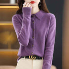 Women's Relaxed Fit Wool Blend Cardigan with Polo Collar and Long Sleeves Purple