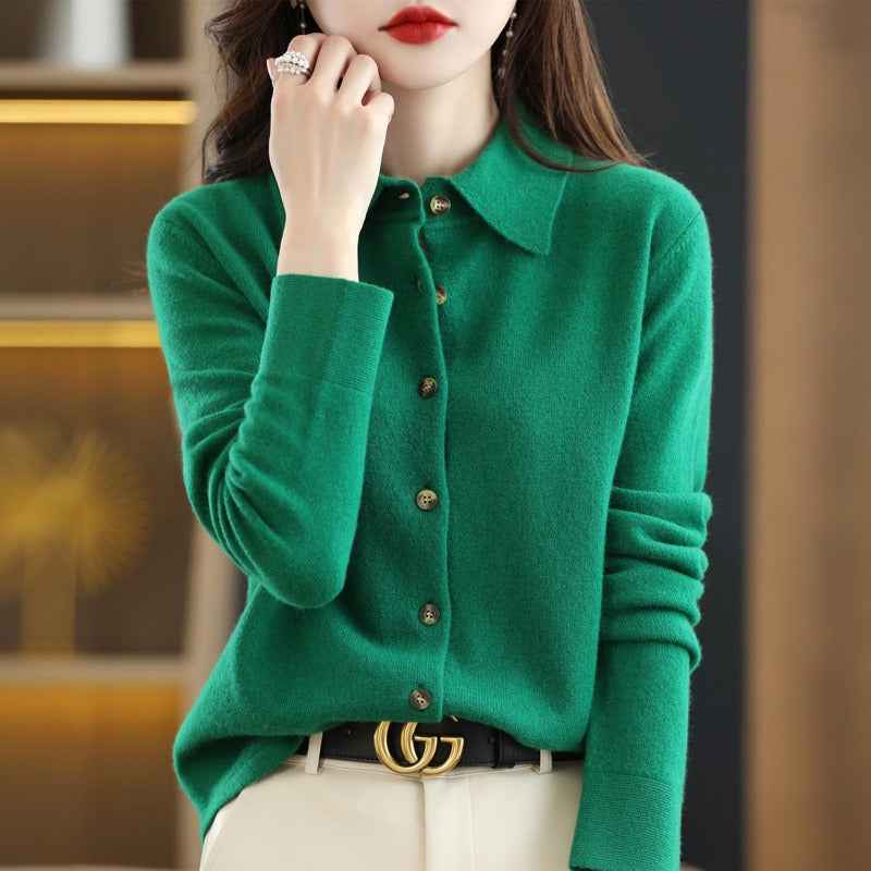 Women's Relaxed Fit Wool Blend Cardigan with Polo Collar and Long Sleeves Green
