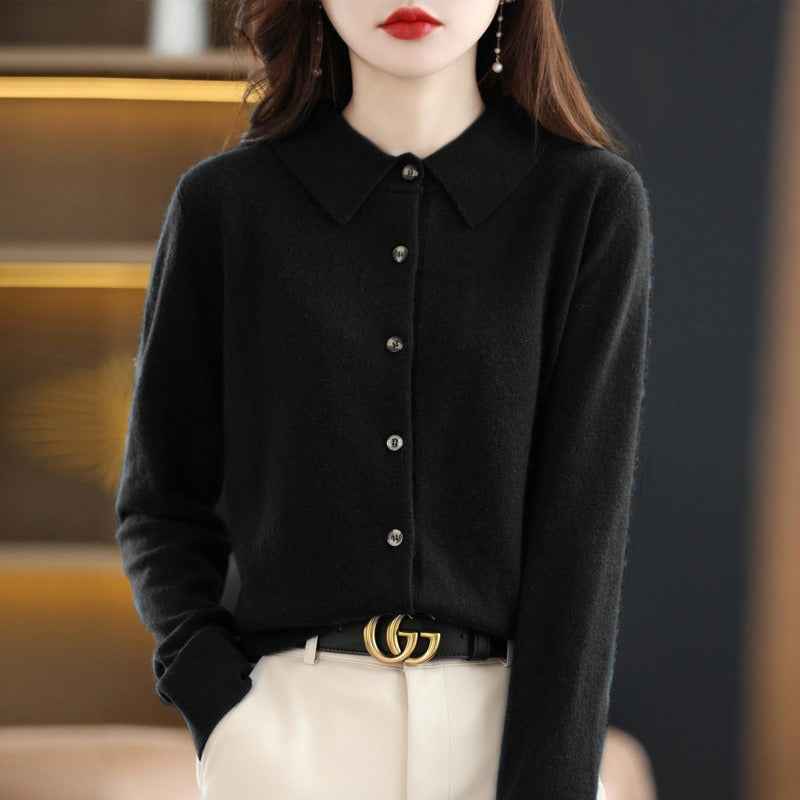Women's Relaxed Fit Wool Blend Cardigan with Polo Collar and Long Sleeves Black