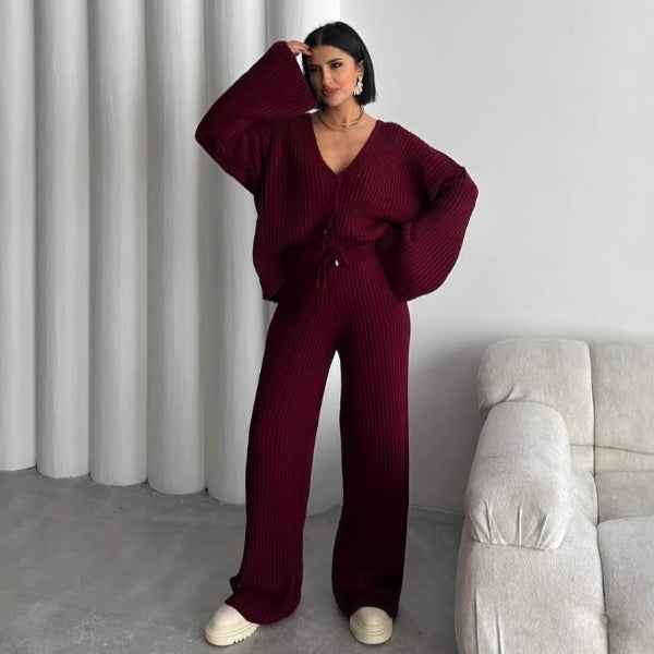 Women's Oversized Loungewear Set – Knitted Rib Fabric with Button Closure and Wide Sleeves Red
