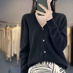 Women's V-Neck Wool Blend Sweater – Relaxed Fit with Button Closure and Long Sleeves Black