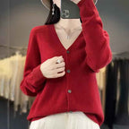Women's V-Neck Wool Blend Sweater – Relaxed Fit with Button Closure and Long Sleeves Red