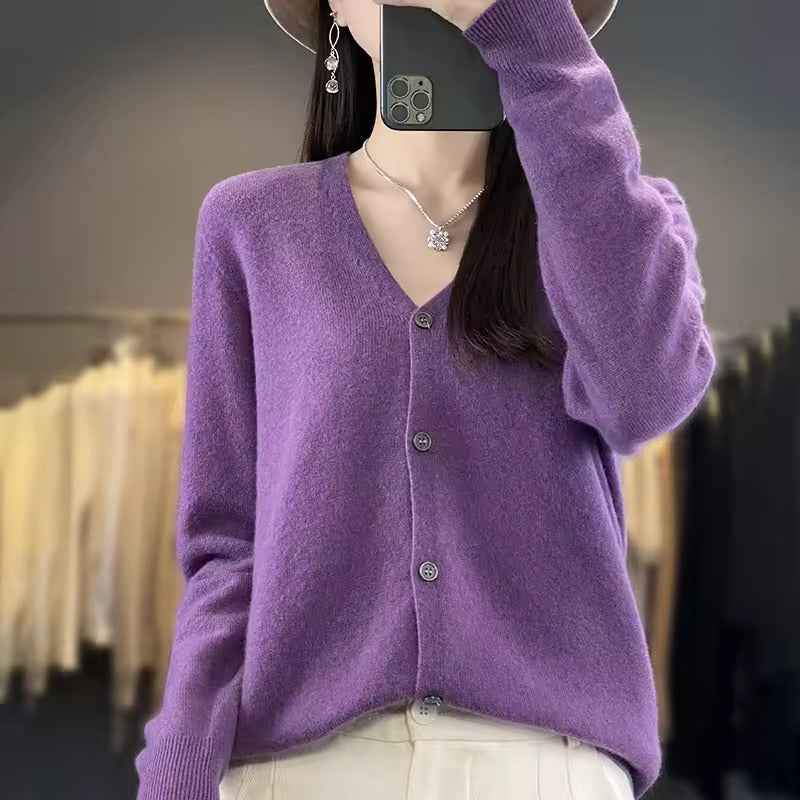 Women's V-Neck Wool Blend Sweater – Relaxed Fit with Button Closure and Long Sleeves Purple