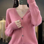 Women's V-Neck Wool Blend Sweater – Relaxed Fit with Button Closure and Long Sleeves Pink