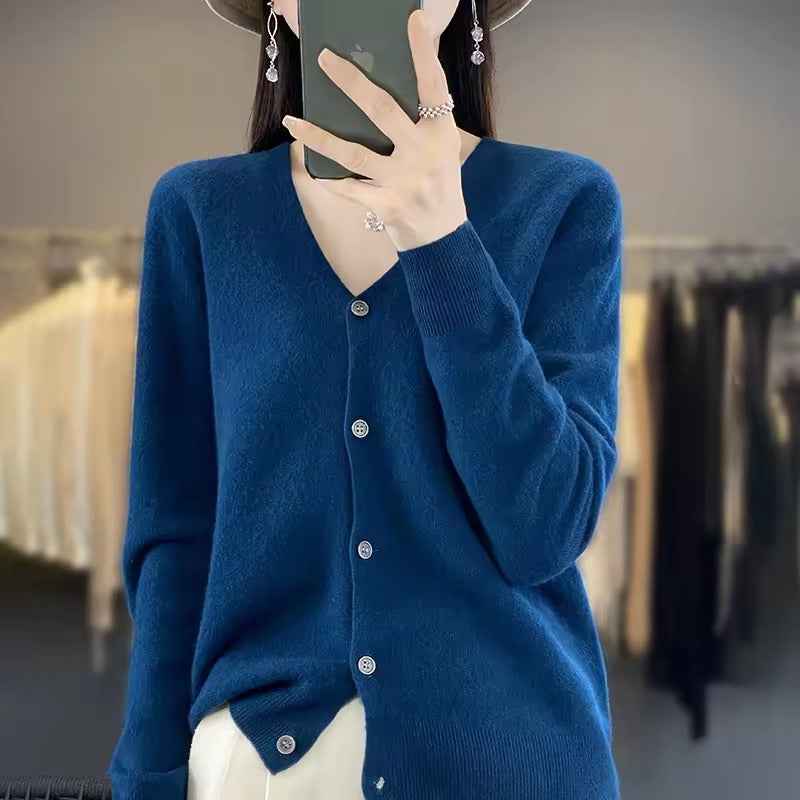Women's V-Neck Wool Blend Sweater – Relaxed Fit with Button Closure and Long Sleeves Blue