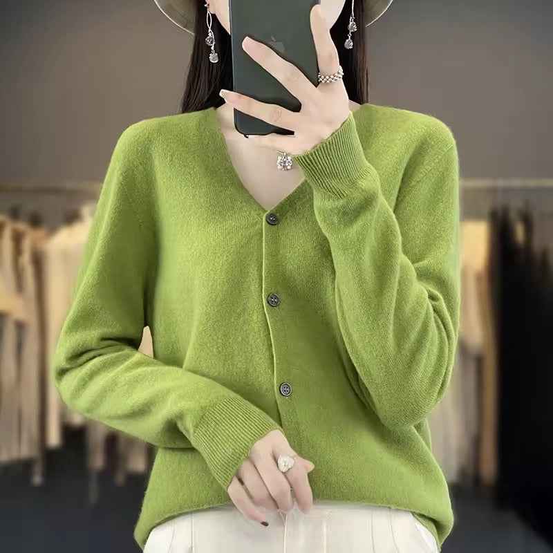 Women's V-Neck Wool Blend Sweater – Relaxed Fit with Button Closure and Long Sleeves Green