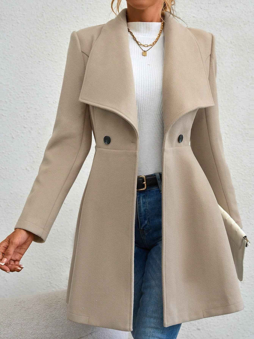 Women's Slim Fit Long Wool Coat with Classic Lapel Design Khaki
