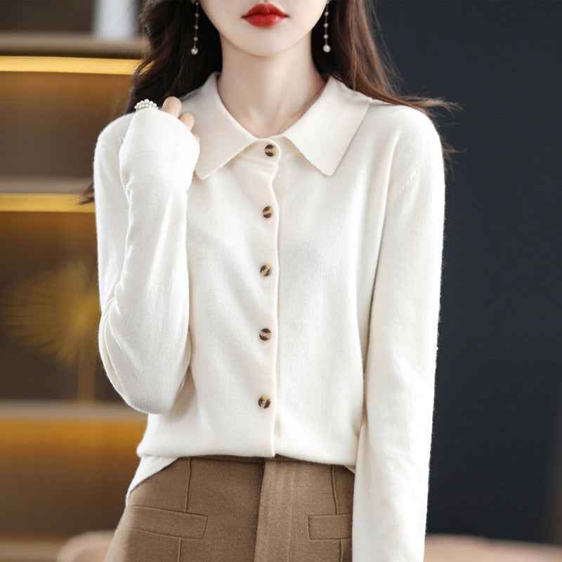 Women's Relaxed Fit Wool Blend Cardigan with Polo Collar and Long Sleeves Beige