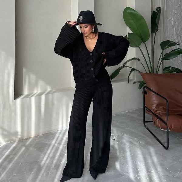 Women's Oversized Loungewear Set – Knitted Rib Fabric with Button Closure and Wide Sleeves Black