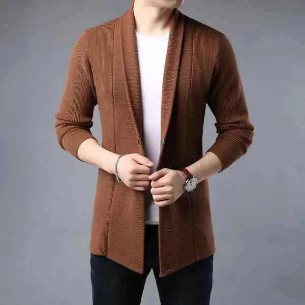 Men's Wool Cardigan – Open Front, Relaxed Fit, Shawl Collar, Ribbed Texture Brown