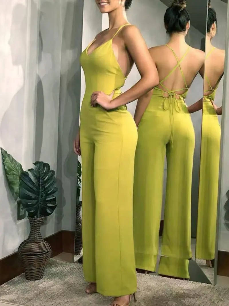 Women's Solid Criss Cross Backless Sleeveless Cami Jumpsuit