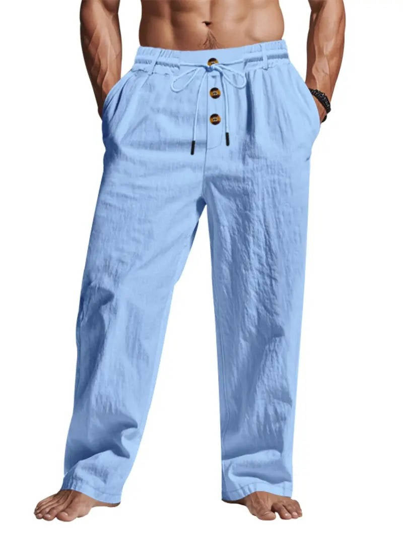 Men's Breathable Linen Summer Pants with Button Design, Comfy Fit Light blue