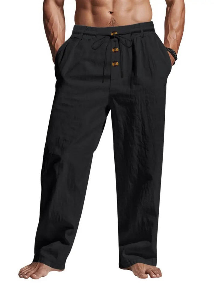 Men's Breathable Linen Summer Pants with Button Design, Comfy Fit Black