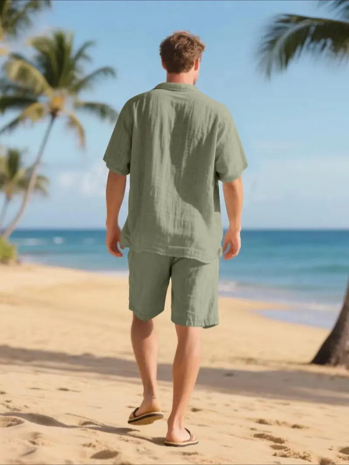Men's Linen Short Sleeve Button Down Shirt and Shorts Set, Summer
